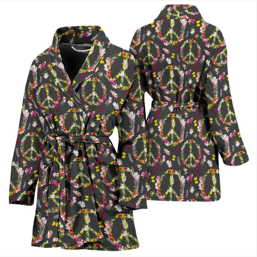 Peace Sign flowers Design Print Women Bath Robe-JTAMIGO.COM