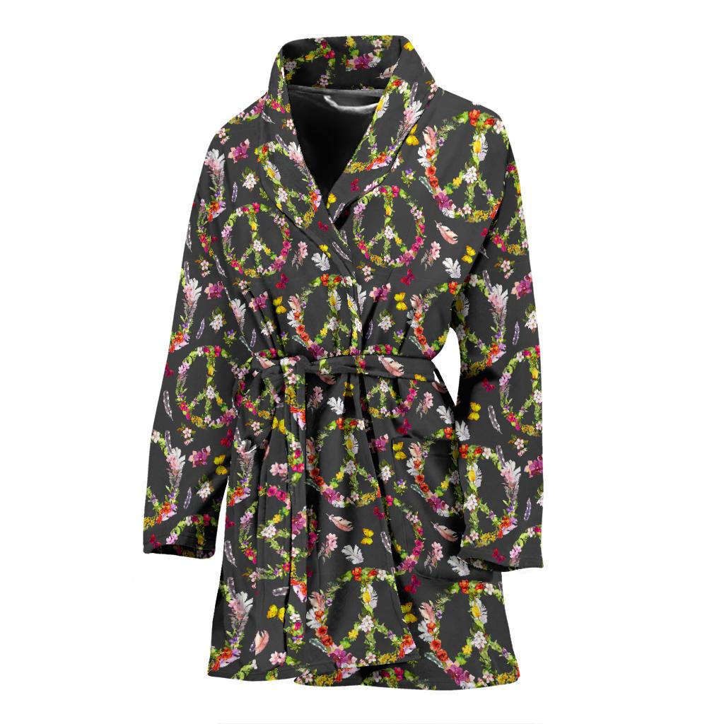 Peace Sign flowers Design Print Women Bath Robe-JTAMIGO.COM