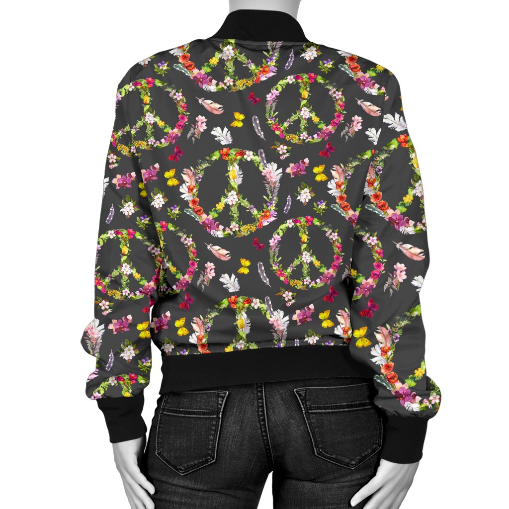 Peace Sign flowers Design Print Women Casual Bomber Jacket