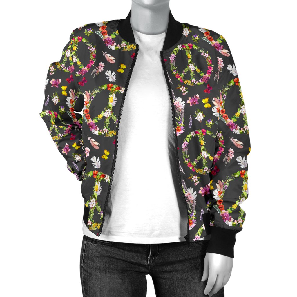 Peace Sign flowers Design Print Women Casual Bomber Jacket