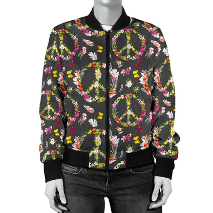 Peace Sign flowers Design Print Women Casual Bomber Jacket