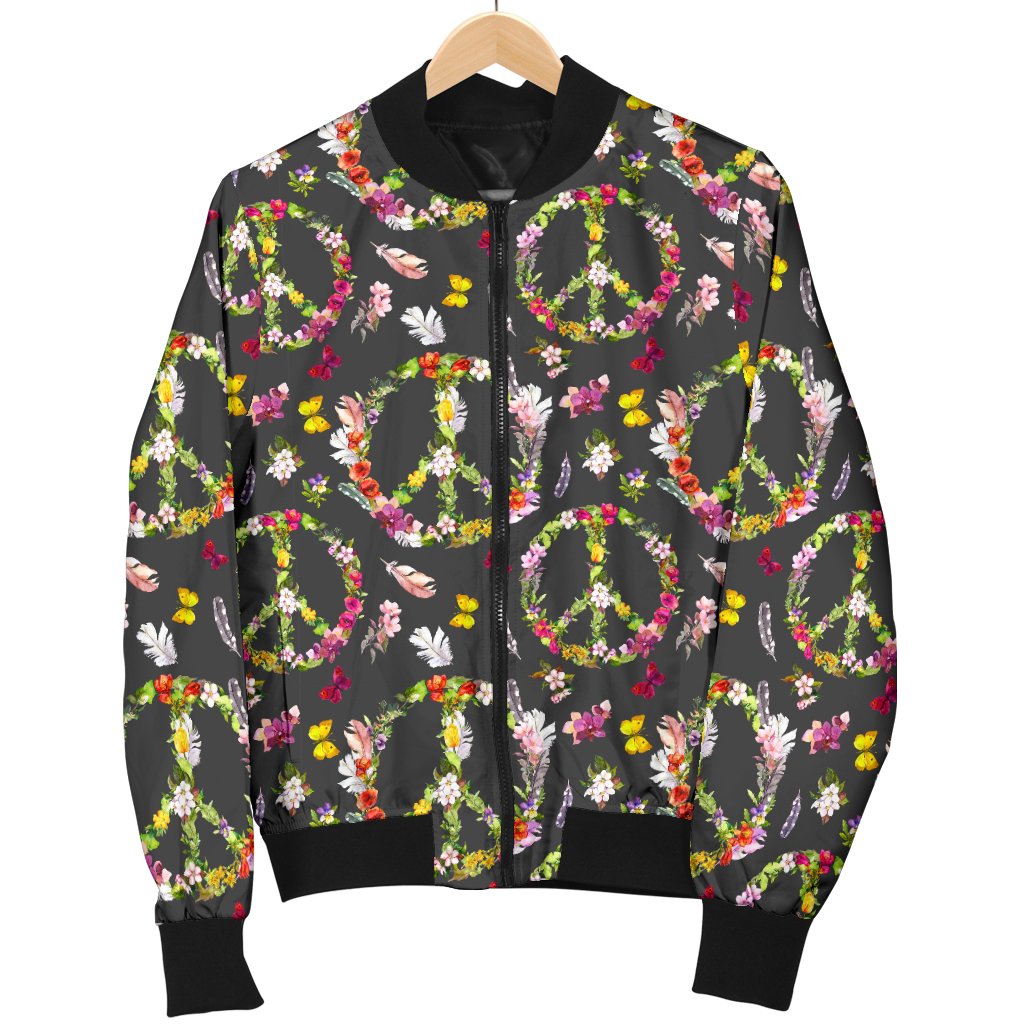 Peace Sign flowers Design Print Women Casual Bomber Jacket