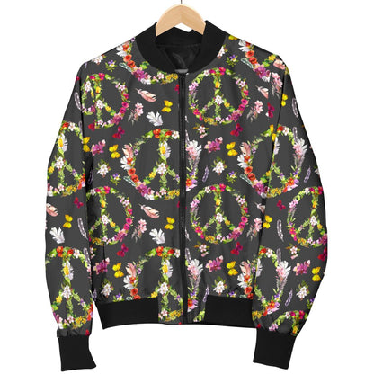 Peace Sign flowers Design Print Women Casual Bomber Jacket