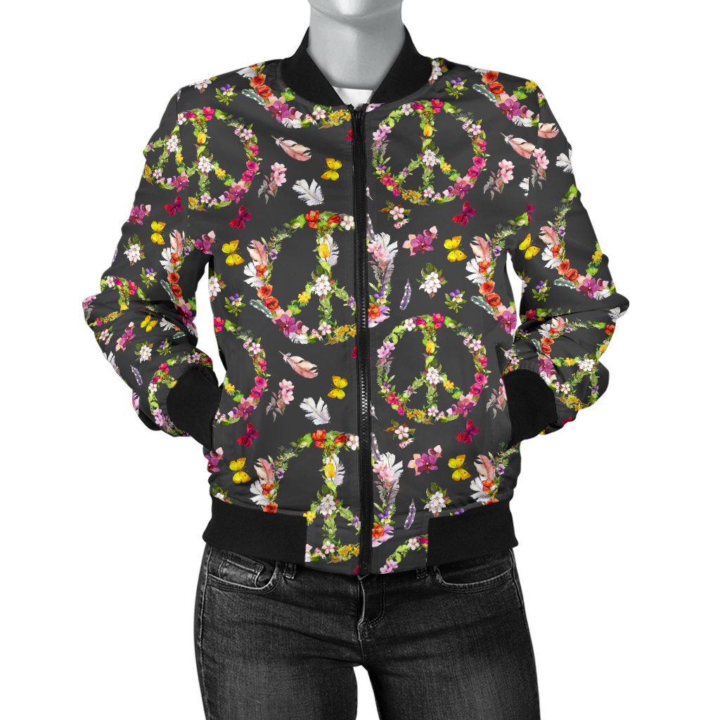 Peace Sign flowers Design Print Women Casual Bomber Jacket