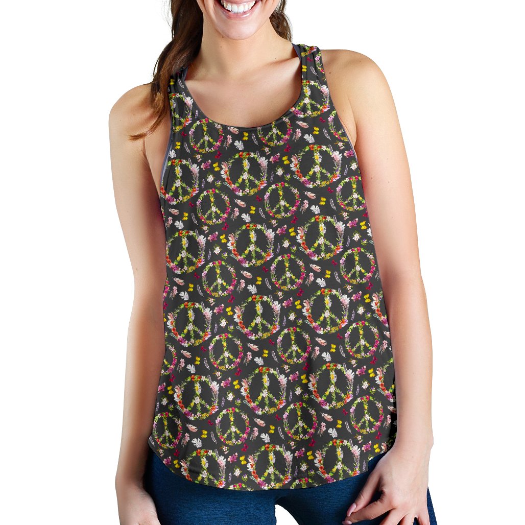 Peace Sign Flowers Design Print Women Racerback Tank Top