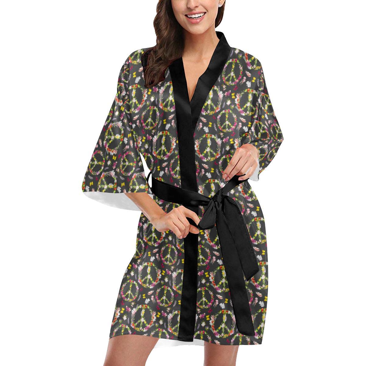 Peace Sign flowers Design Print Women Short Kimono Robe