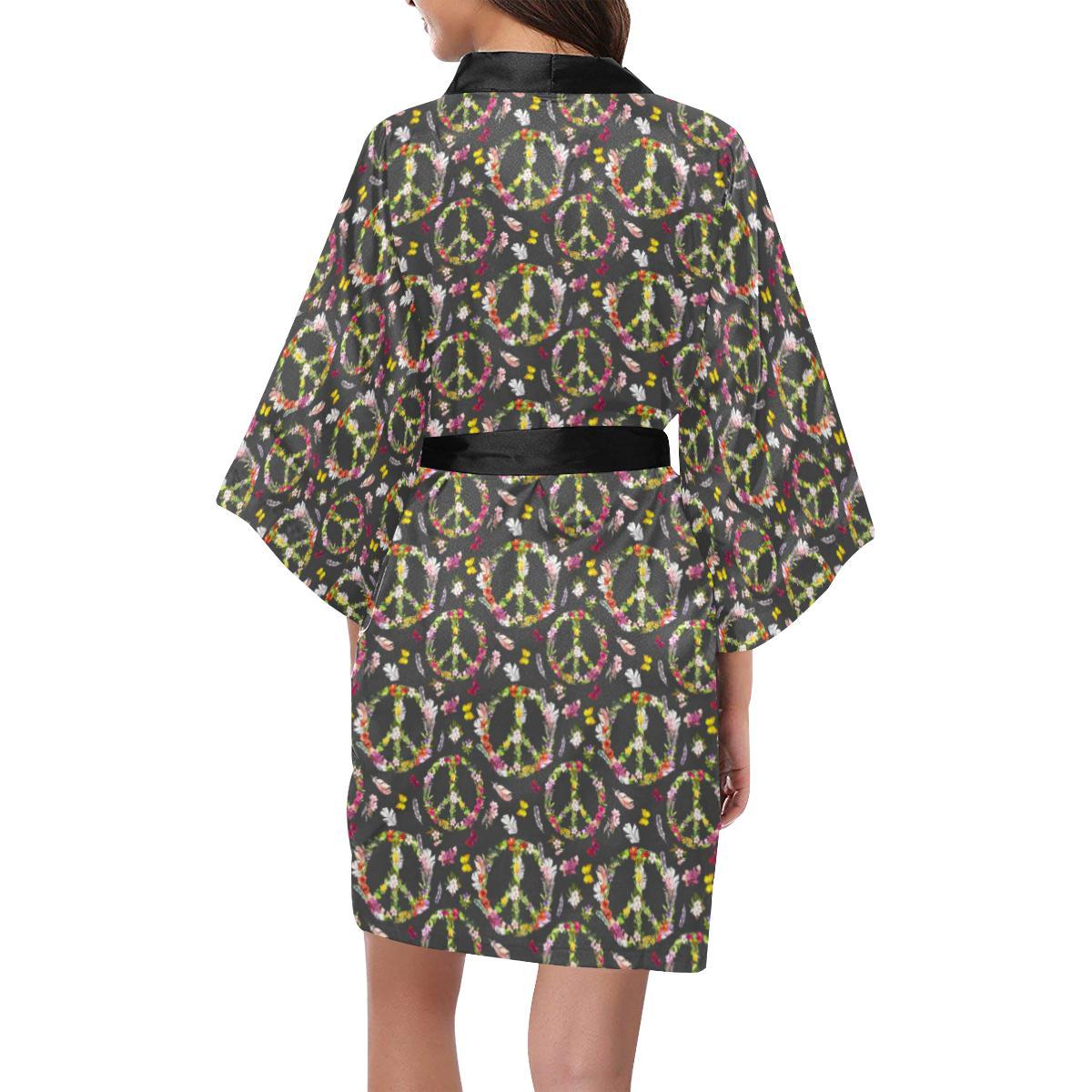 Peace Sign flowers Design Print Women Short Kimono Robe