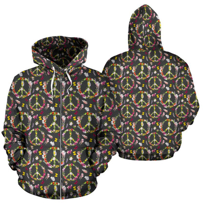 Peace Sign Flowers Design Print Zip Up Hoodie