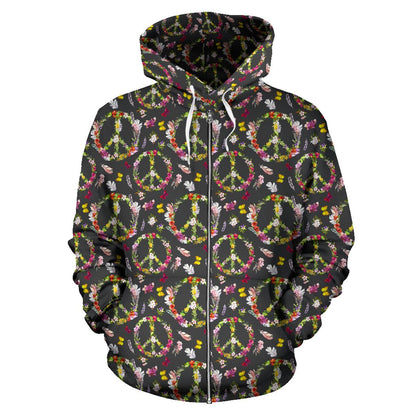 Peace Sign Flowers Design Print Zip Up Hoodie