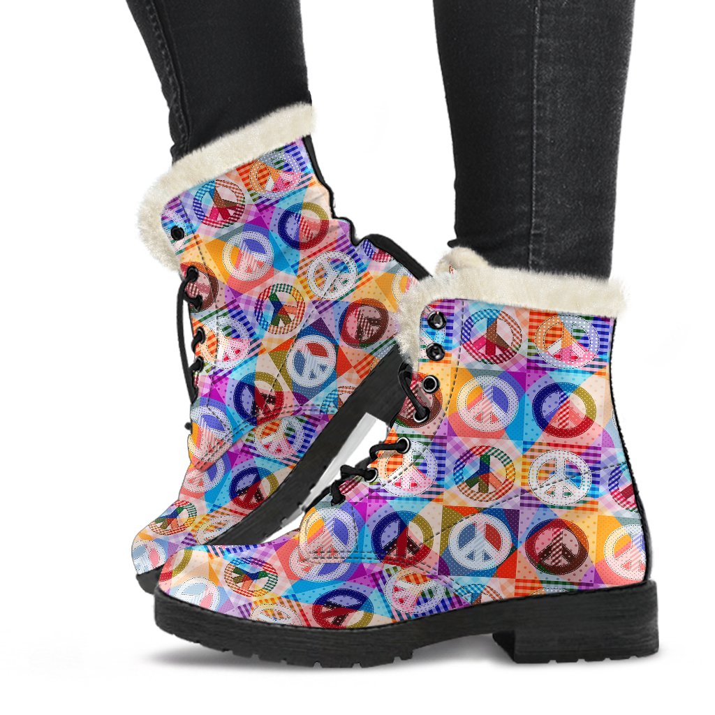Peace Sign Patchwork Design Print Faux Fur Leather Boots-JTAMIGO.COM