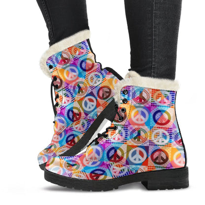Peace Sign Patchwork Design Print Faux Fur Leather Boots-JTAMIGO.COM