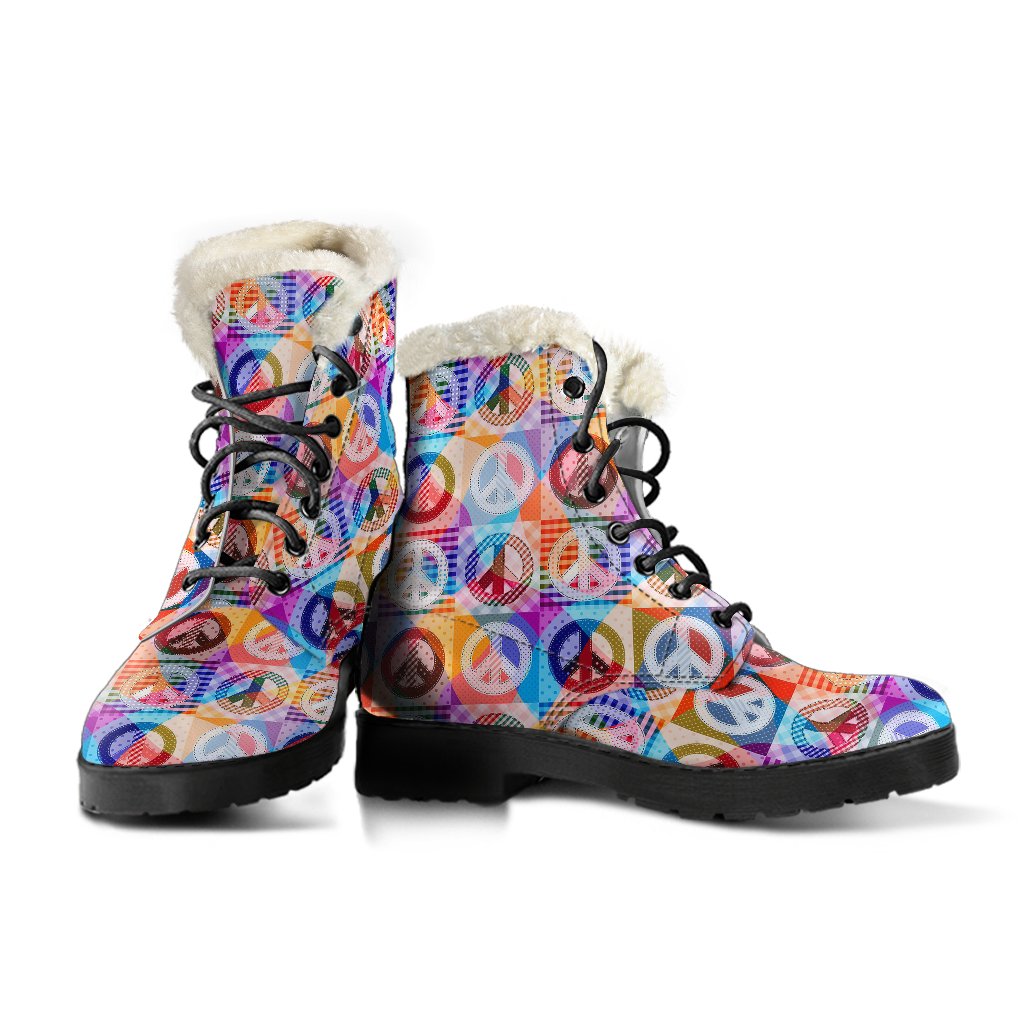Peace Sign Patchwork Design Print Faux Fur Leather Boots-JTAMIGO.COM