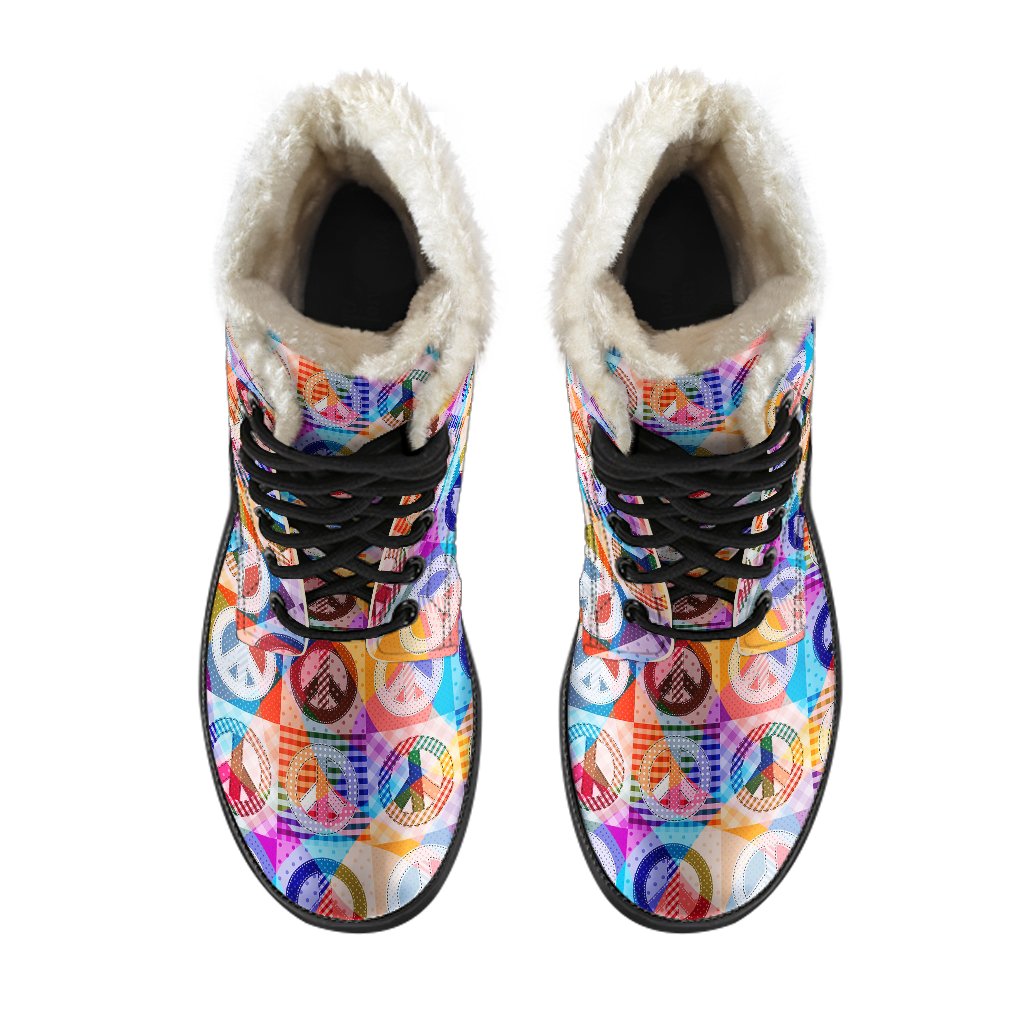 Peace Sign Patchwork Design Print Faux Fur Leather Boots-JTAMIGO.COM