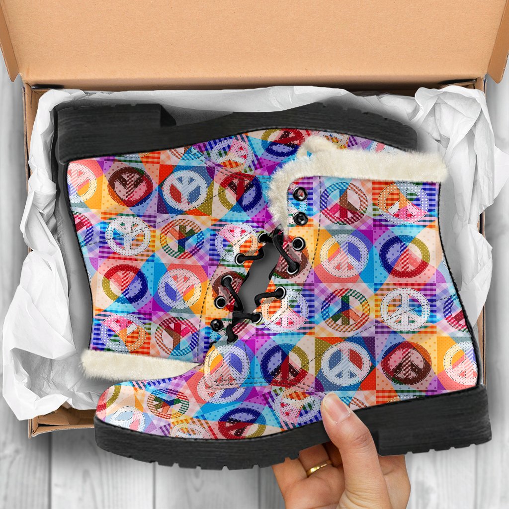 Peace Sign Patchwork Design Print Faux Fur Leather Boots-JTAMIGO.COM