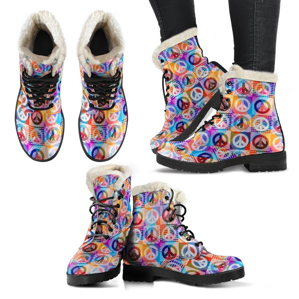 Peace Sign Patchwork Design Print Faux Fur Leather Boots-JTAMIGO.COM
