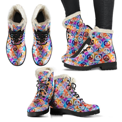Peace Sign Patchwork Design Print Faux Fur Leather Boots-JTAMIGO.COM