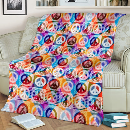 Peace Sign Patchwork Design Print Fleece Blanket