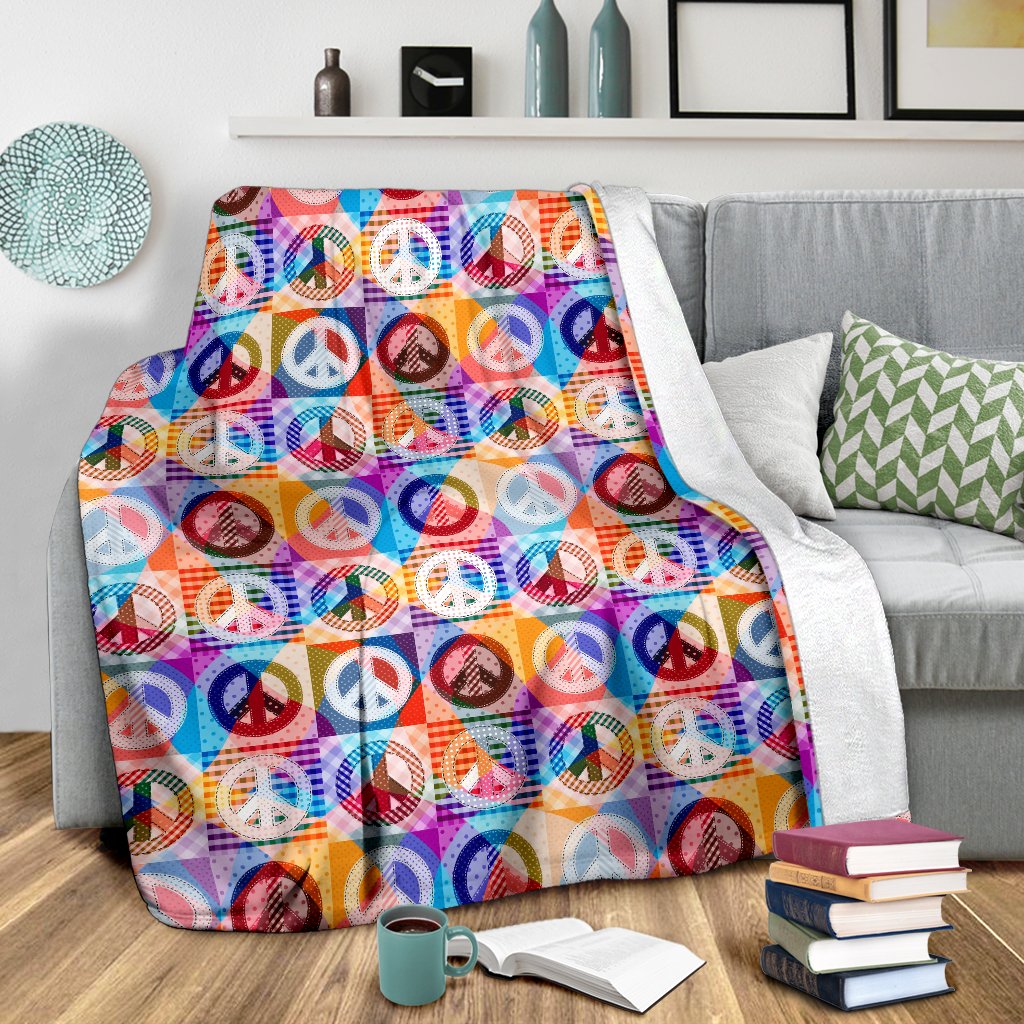 Peace Sign Patchwork Design Print Fleece Blanket