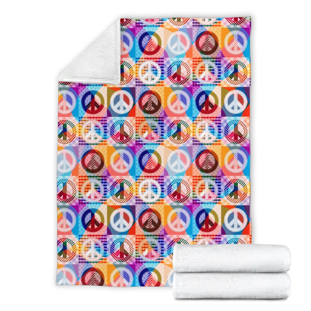 Peace Sign Patchwork Design Print Fleece Blanket