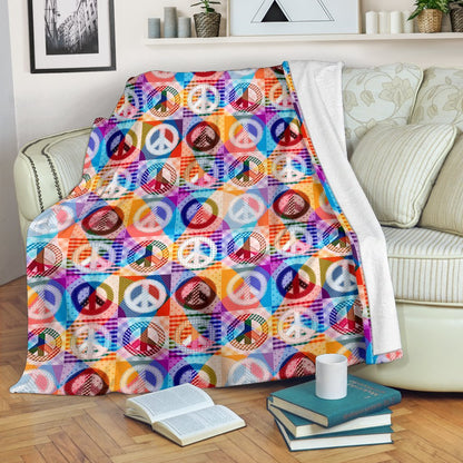Peace Sign Patchwork Design Print Fleece Blanket