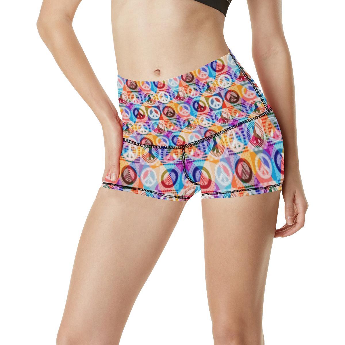 Peace Sign Patchwork Design Print High Waisted Spandex Shorts-JTAMIGO.COM