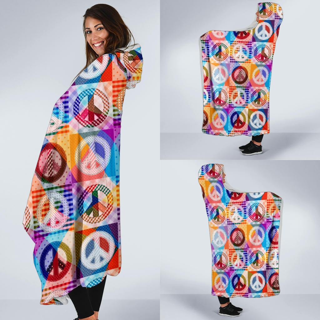 Peace Sign Patchwork Design Print Hooded Blanket-JTAMIGO.COM