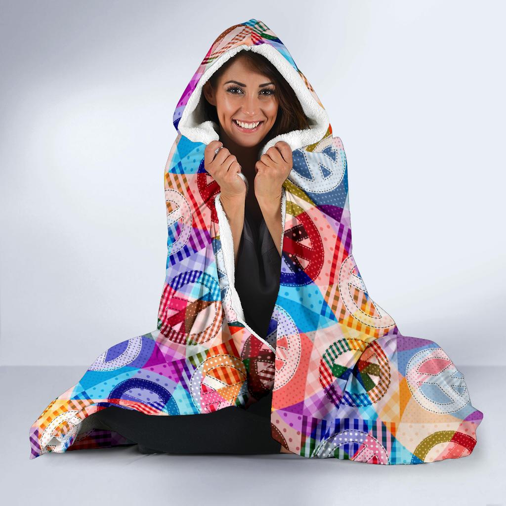 Peace Sign Patchwork Design Print Hooded Blanket-JTAMIGO.COM