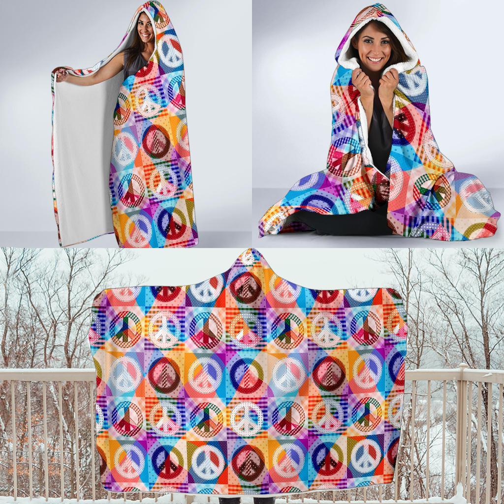 Peace Sign Patchwork Design Print Hooded Blanket-JTAMIGO.COM
