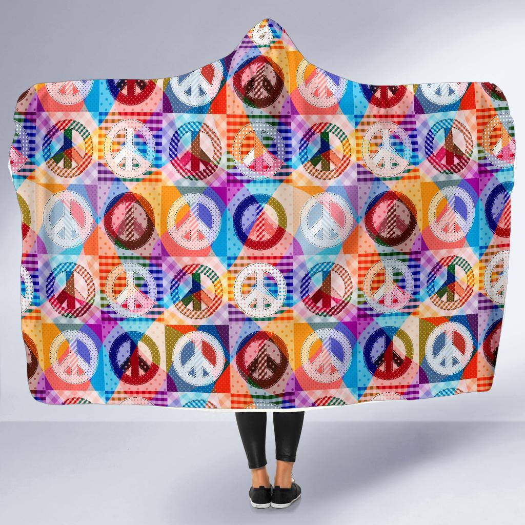 Peace Sign Patchwork Design Print Hooded Blanket-JTAMIGO.COM