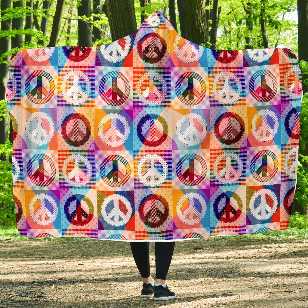 Peace Sign Patchwork Design Print Hooded Blanket-JTAMIGO.COM