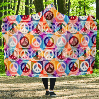 Peace Sign Patchwork Design Print Hooded Blanket-JTAMIGO.COM