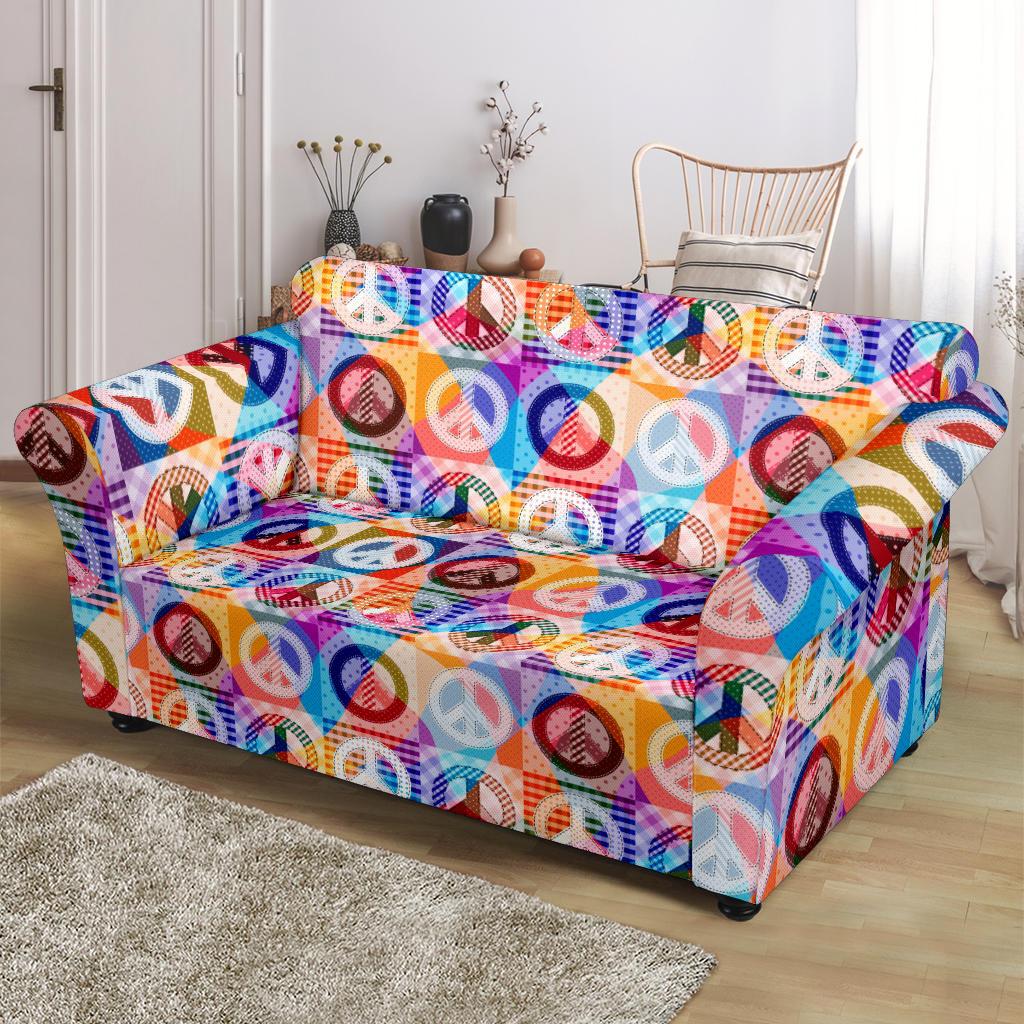Peace Sign Patchwork Design Print Loveseat Slipcover-JTAMIGO.COM