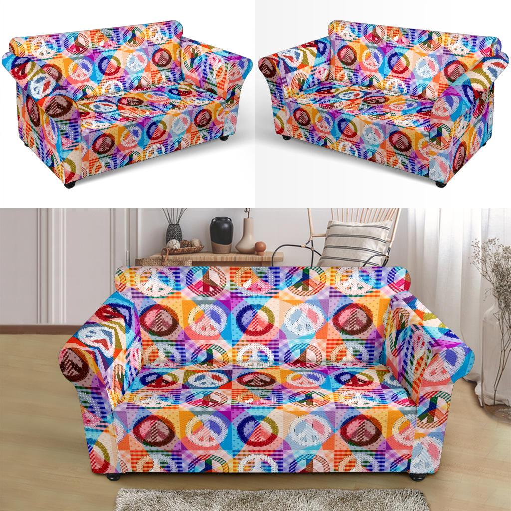 Peace Sign Patchwork Design Print Loveseat Slipcover-JTAMIGO.COM