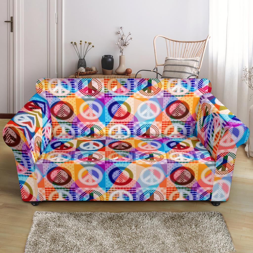 Peace Sign Patchwork Design Print Loveseat Slipcover-JTAMIGO.COM