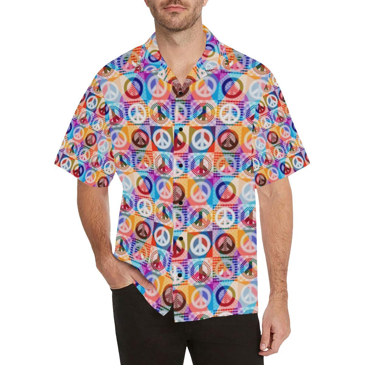 Peace Sign Patchwork Design Print Men Aloha Hawaiian Shirt