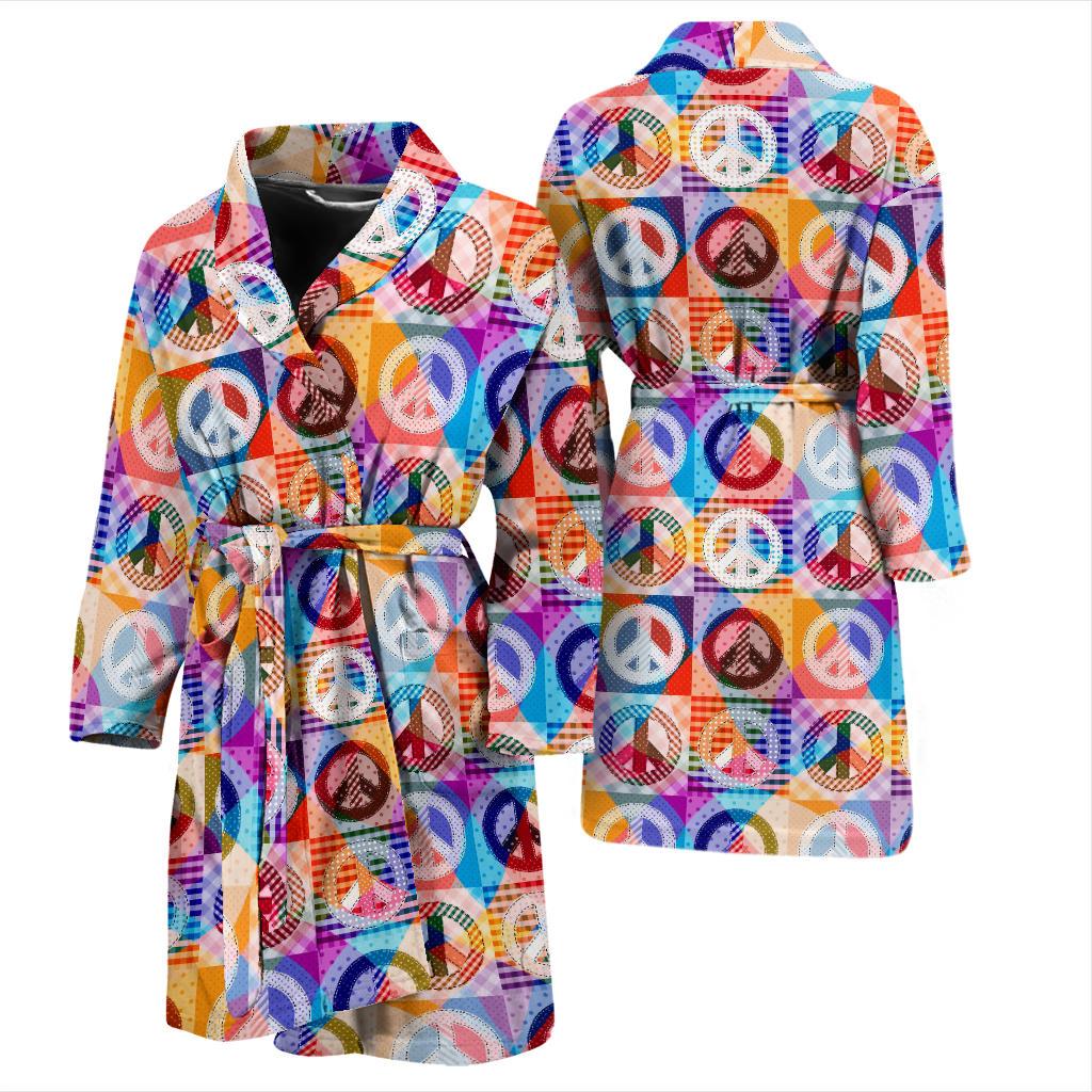 Peace Sign Patchwork Design Print Men Bath Robe-JTAMIGO.COM