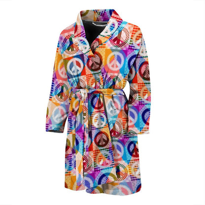 Peace Sign Patchwork Design Print Men Bath Robe-JTAMIGO.COM