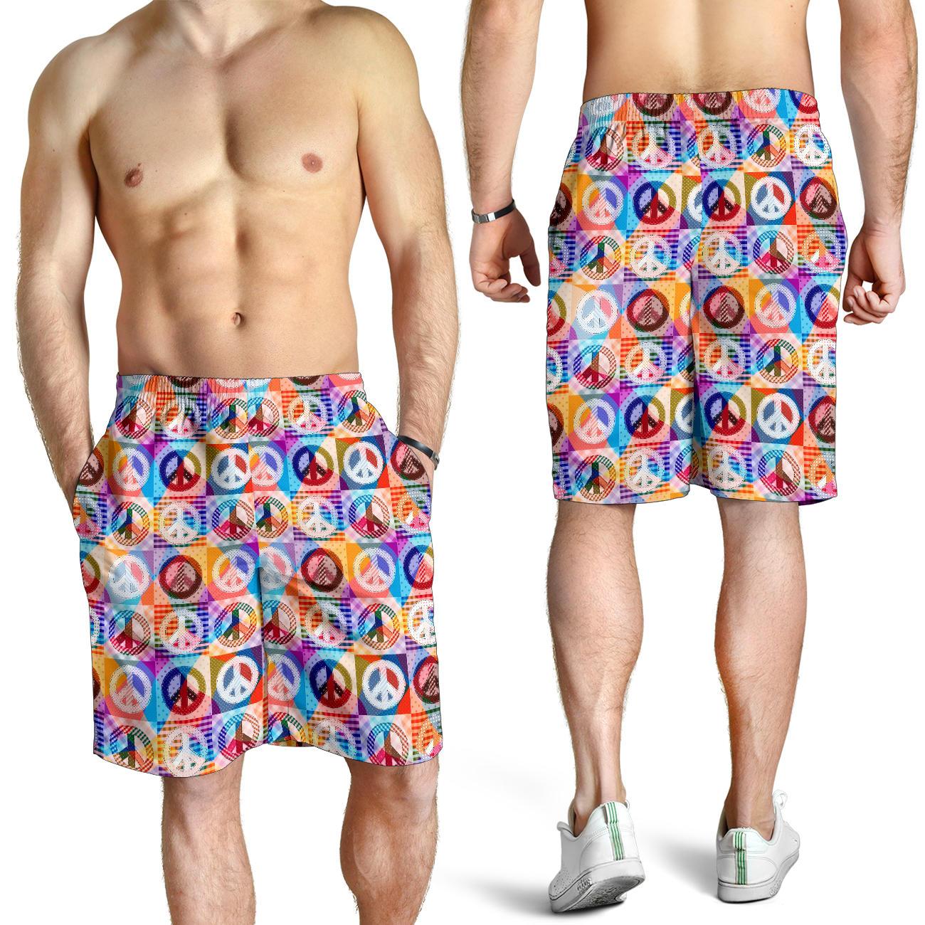 Peace Sign Patchwork Design Print Mens Shorts-JTAMIGO.COM