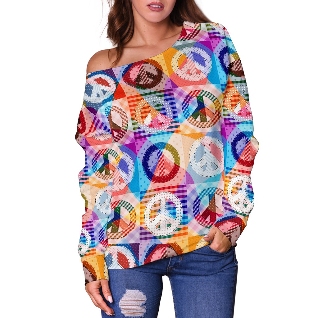 Peace Sign Patchwork Design Print Off Shoulder Sweatshirt