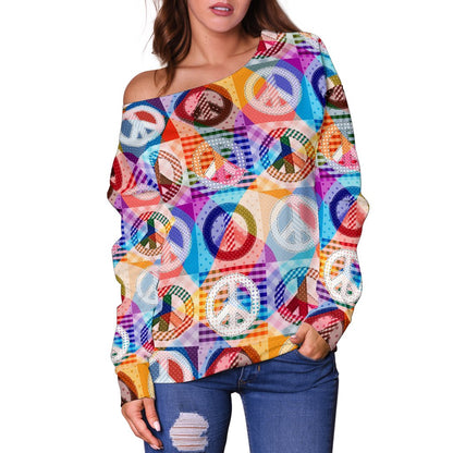 Peace Sign Patchwork Design Print Off Shoulder Sweatshirt