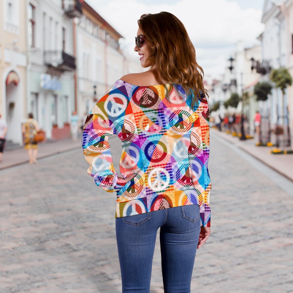 Peace Sign Patchwork Design Print Off Shoulder Sweatshirt