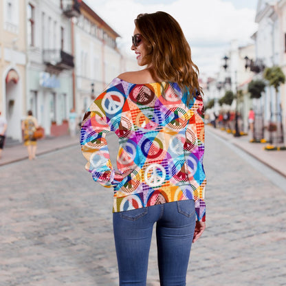 Peace Sign Patchwork Design Print Off Shoulder Sweatshirt