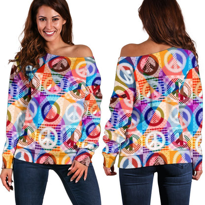 Peace Sign Patchwork Design Print Off Shoulder Sweatshirt