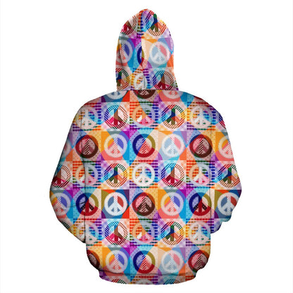 Peace Sign Patchwork Design Print Pullover Hoodie