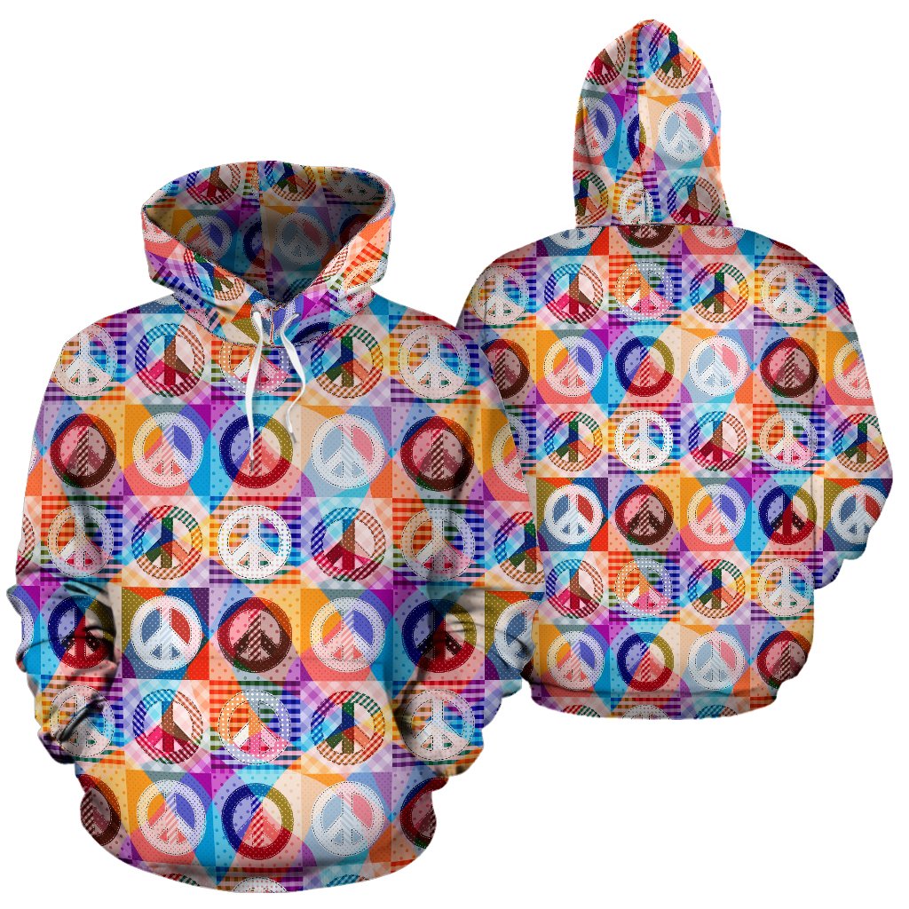 Peace Sign Patchwork Design Print Pullover Hoodie