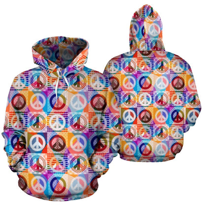 Peace Sign Patchwork Design Print Pullover Hoodie