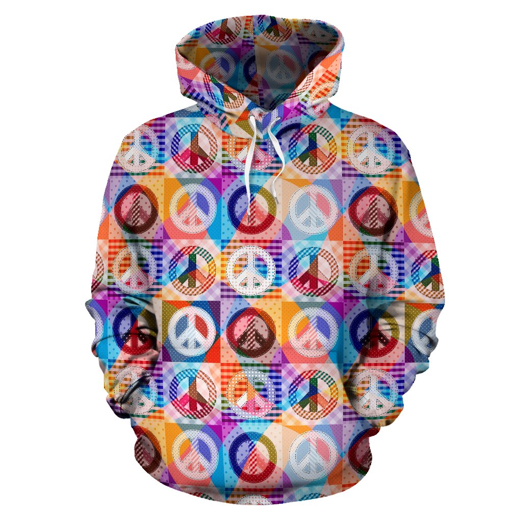 Peace Sign Patchwork Design Print Pullover Hoodie