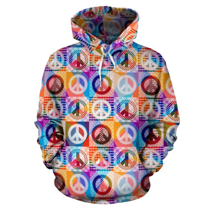 Peace Sign Patchwork Design Print Pullover Hoodie