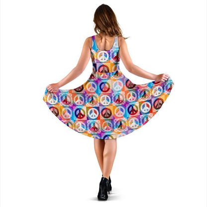 Peace Sign Patchwork Design Print Sleeveless Dress