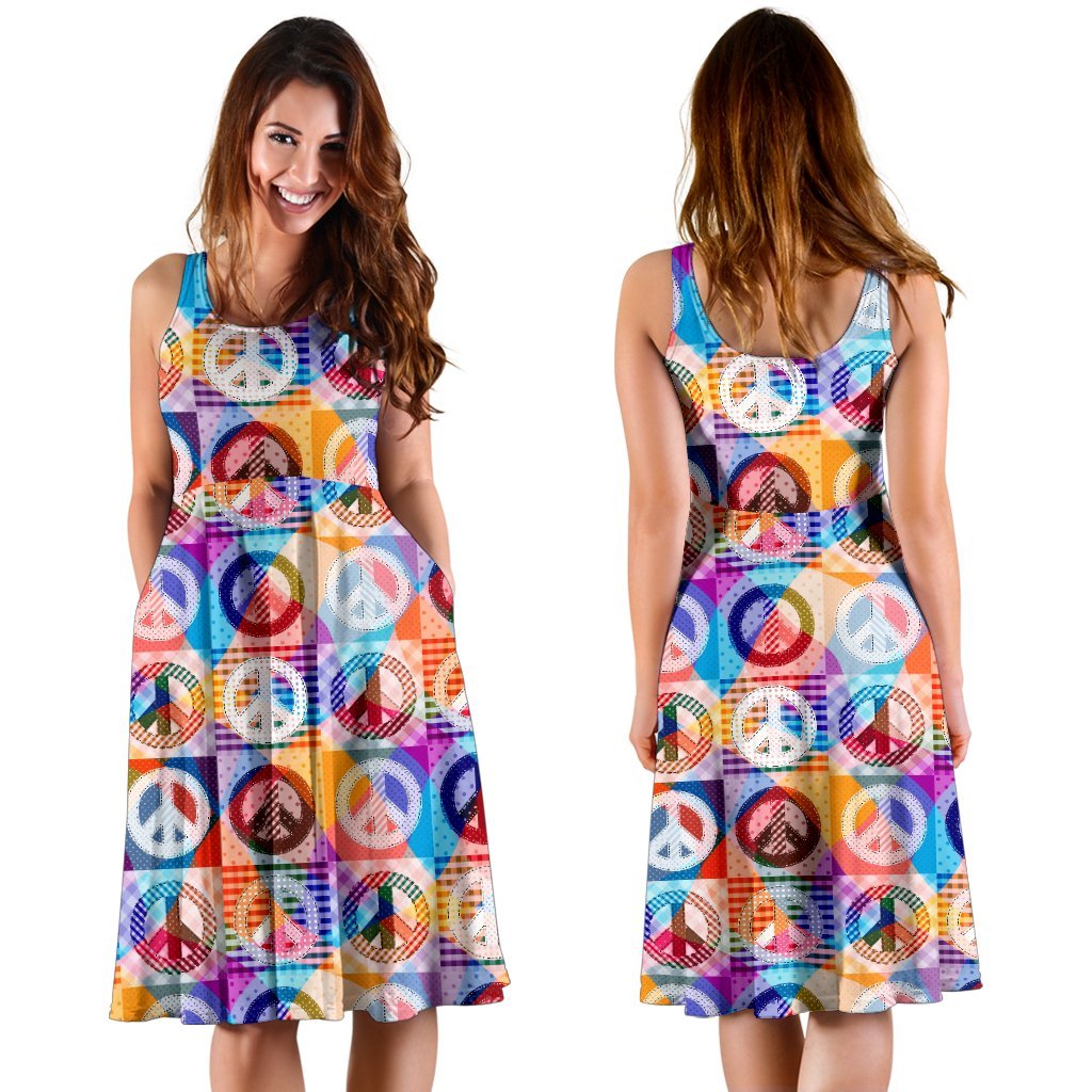 Peace Sign Patchwork Design Print Sleeveless Dress